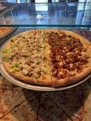 Half chicken Caesar half bbq pizza