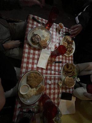 Chicken fried steak, pork chop, chicken, burger