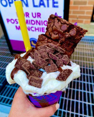 Ube milkshake with Choc cookie butter, whipped cream, more chocolate cookie butter, Choc chunks, brownies