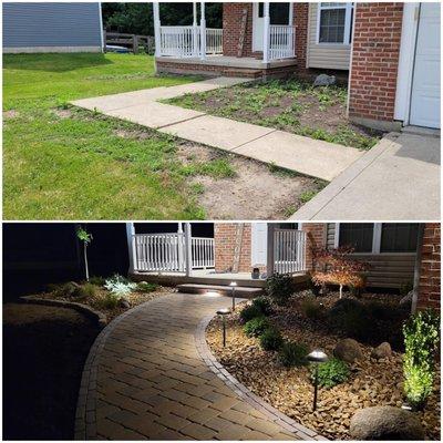 Paver Walkway Installation with lighting and new plants.