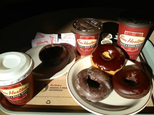 Coffee, Latte & Chocolate Glazed, Double Chocolate, and Chocolate dipped donuts :-)