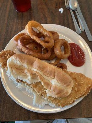 Belly buster fish with onion rings.