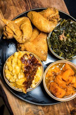 Fried Chicken w/ Mac & Cheese, Collard Greens & Sweet Potatoes