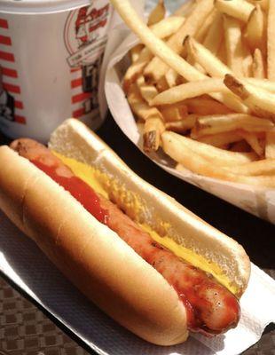 Hot dog and fries with a soda on the side!