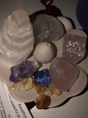 counterclockwise the crystals are, selenite, amethyst, citrine, sodalite, rose quartz & clear quartz.