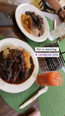 Jerk chicken (bottom plate) and jerk ribs (top plate) with the plantains, peas and rice, and cabbage.