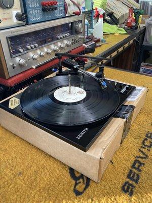 My refurbished turntable in my homemade Amazon box plinth (a term Randy taught me).