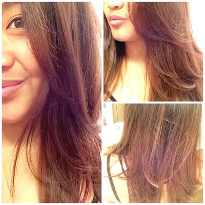 Darker shade of brown on the roots to a lighter brown.. Layered cut. Done by Marissa