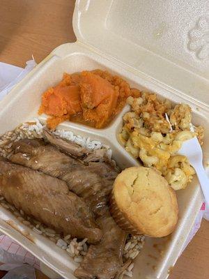 Fresh Yams, Stewed Turkey Wings, Mac and Cheese, Rice and Gravy