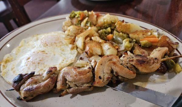 Chicken Souvlaki, Eggs and Country Potatoes