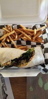 Blackened chicken wrap with beer fries