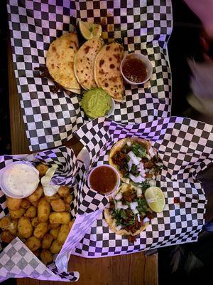 Cheese curds, quesobirra tacos, el pastor tacos