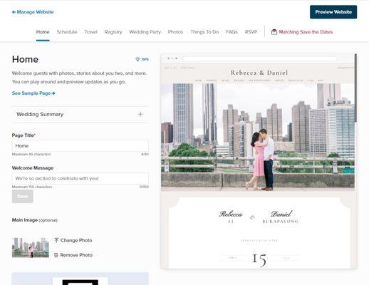 Wedding website home page design and edit interface.