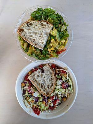 Top: Santa Fe Salad ($8.99) with Grilled Chicken (+$2.99). Bottom: Mediterranean Warm Bowl ($10.49).