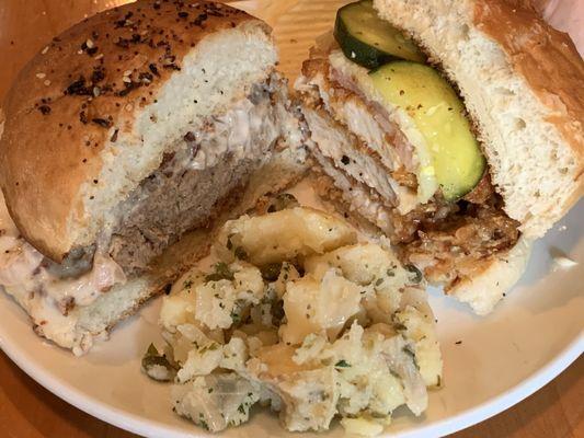 Stacked brisket sandwich with beer cheese, fried chicken sandwich with housemade pickles and yummy malt potato salad.