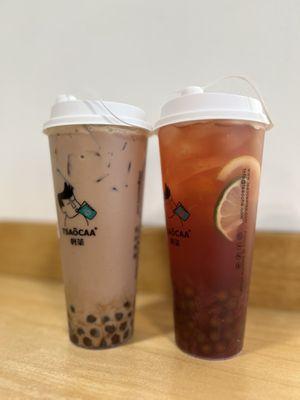 Left: Cocoa Milk Bubble Tea Right: Rose Lychee Fruit Tea