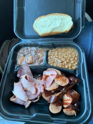 Sausage and ham combo, back beans and red beans and rice