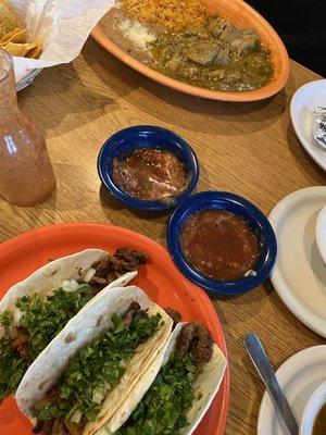 Carne asada tacos and Chile verde