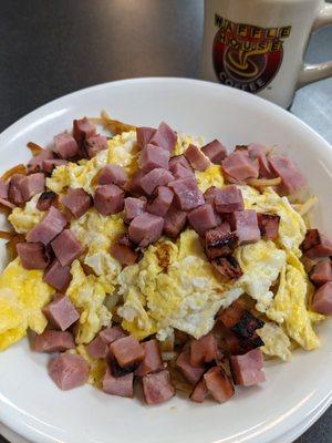 Ham, egg and cheese hashbrowns bowl at Waffle House, Walterboro