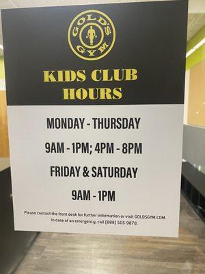 Kid's club hours