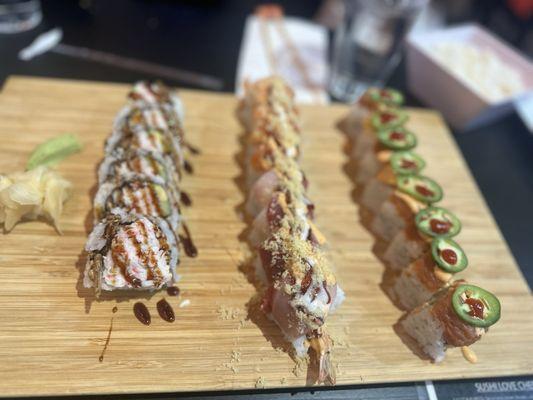 Spider roll, rainbow dragon roll and inferno roll (left to right)