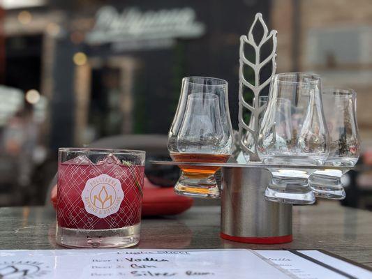 Gin+Blueberry Ginger Beer and a flight of Pollyanna's new line of spirits.