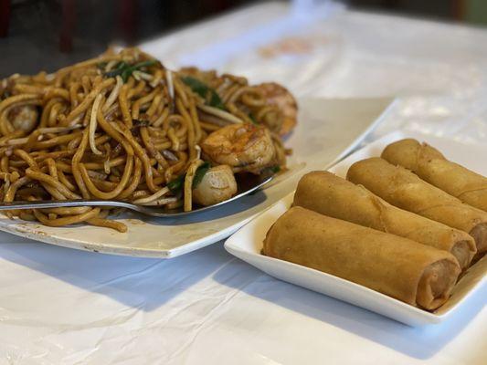 F13. Seafood Lo Mein and egg rolls