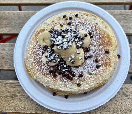 Pancakes🥞🍌🍫2 home-made fluffy Pancakes topped with Banana & Chocolate Chips