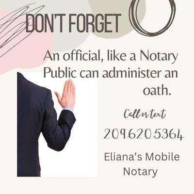 Eliana's Mobile Notary can go to your preferred location to administer an oath.