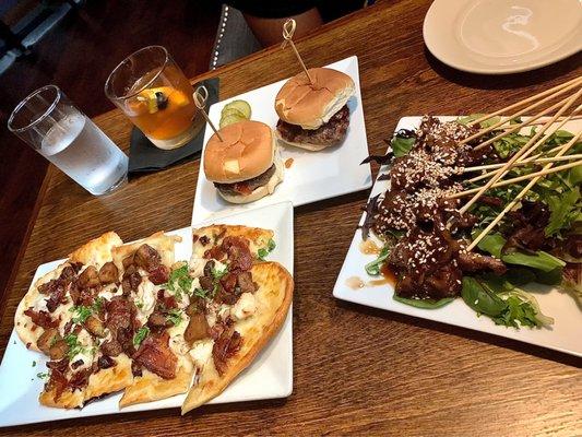 Bennington flatbread, up in smoke sliders, steak skewers