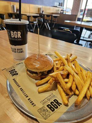 Beyond burger with sharp cheddar and grilled onions and fries