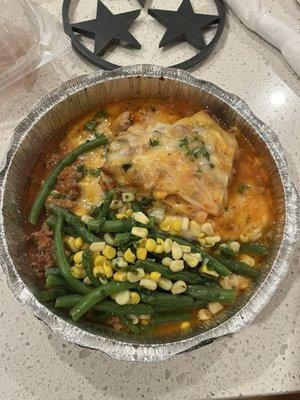 Baked lasagna with green beans and corn