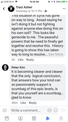 Peter Kim posting in my Facebook about anyone who supports our president