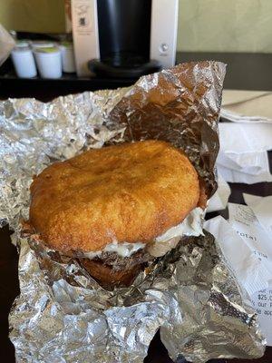 Mushroom Swiss burger with fry bread bun