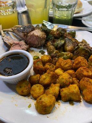 Half rack of lamb with Brussels and fried okra