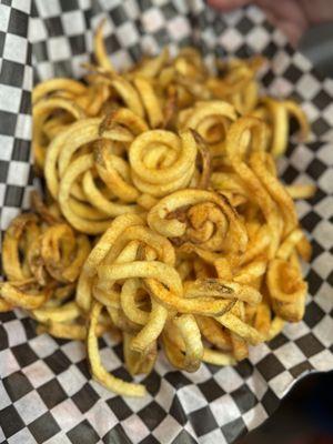 Home made curly fries. You can order them plain, with Larry's or Ranch seasoning