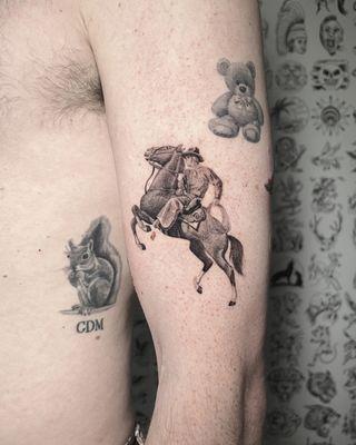 Single needle cowboy on horseback tattoo by Tyler Borich