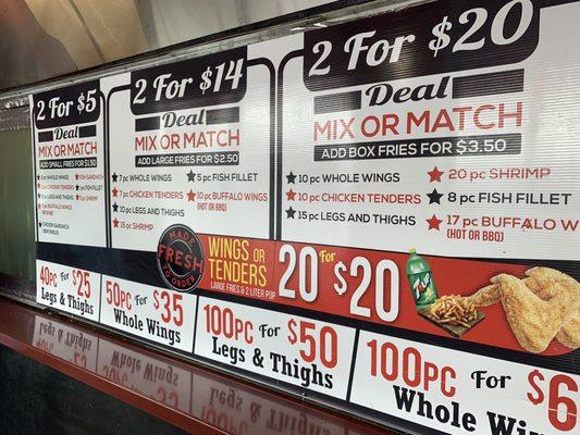 Menu deals: 2 for $5 Deal, 2 for $14 Deal and 2 for $20 Deal