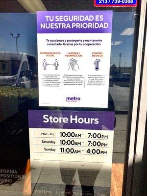 store hours always posted out front along with our safety measures