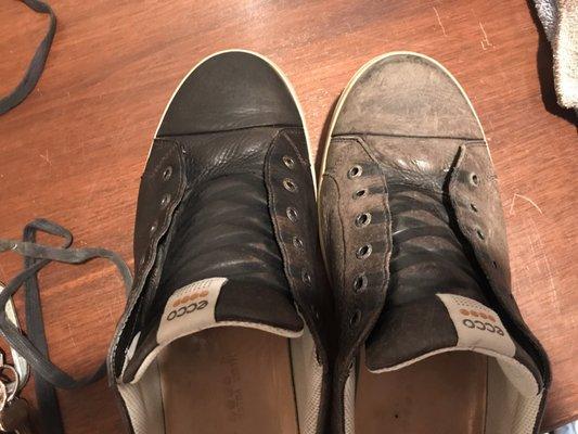 Horrible shoe cleaning. Picked up both looked like shoe on right. Cleaning them myself now.