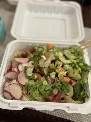 Regular bowl with half spring mix and half brown rice,  3 scoops protein