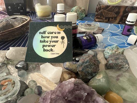 Self care is how you take your power back!

[Alt text - a sticker surrounded by crystals and essential oils]