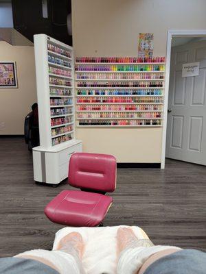 Pedicure station and nail color selection