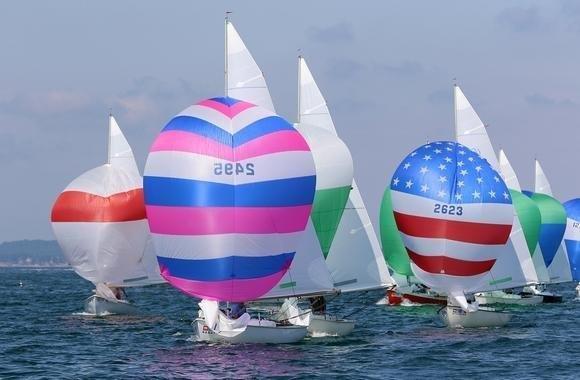 Captain David L. Rubin and brother Mark Rubin, sailing in #2495, leading the competitive Rhodes 19 pack and sailing to victory.