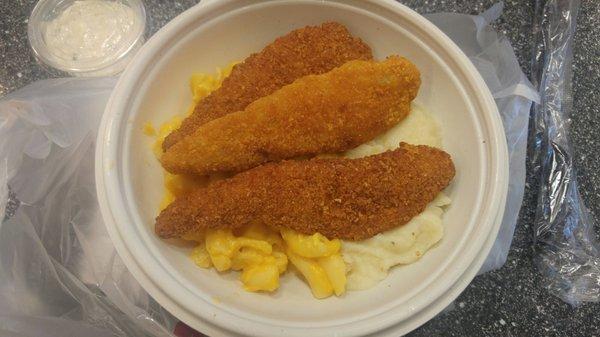 Mac n cheese mashed potato and chicken tenders