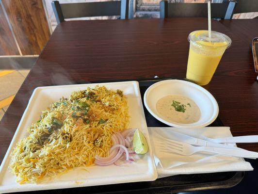 Mutton biryani and Mango Lassi