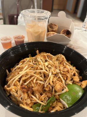 Pad Thai chicken, Thai iced tea, pork egg rolls