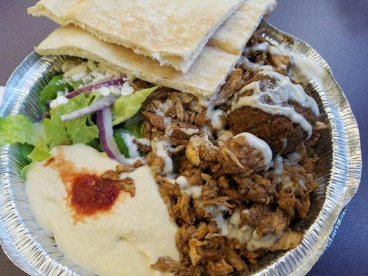 Chicken Shawarma, Greek Salad, Hummus, and Falafel