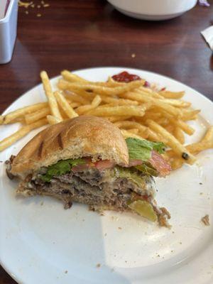 Mushroom Swiss burger & fries