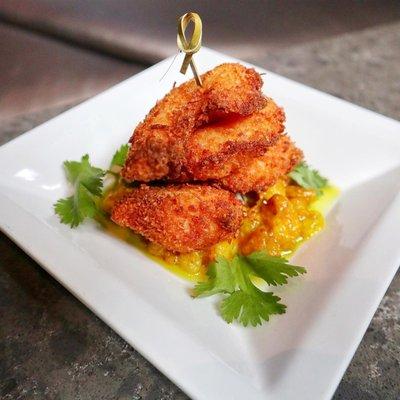 Coconut shrimp with banana chutney